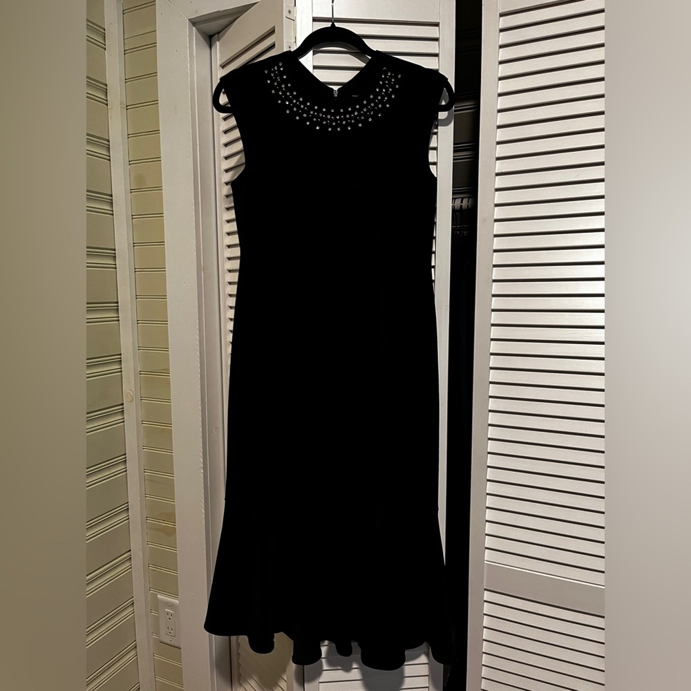 Maggy London Navy Blue Maxi Dress with Embellished Neckline